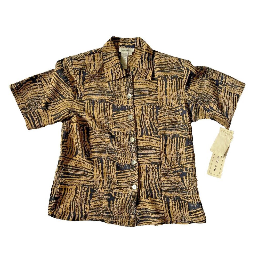 Rene Margo Womens Abstract Black & Tan Button-Up Shirt M